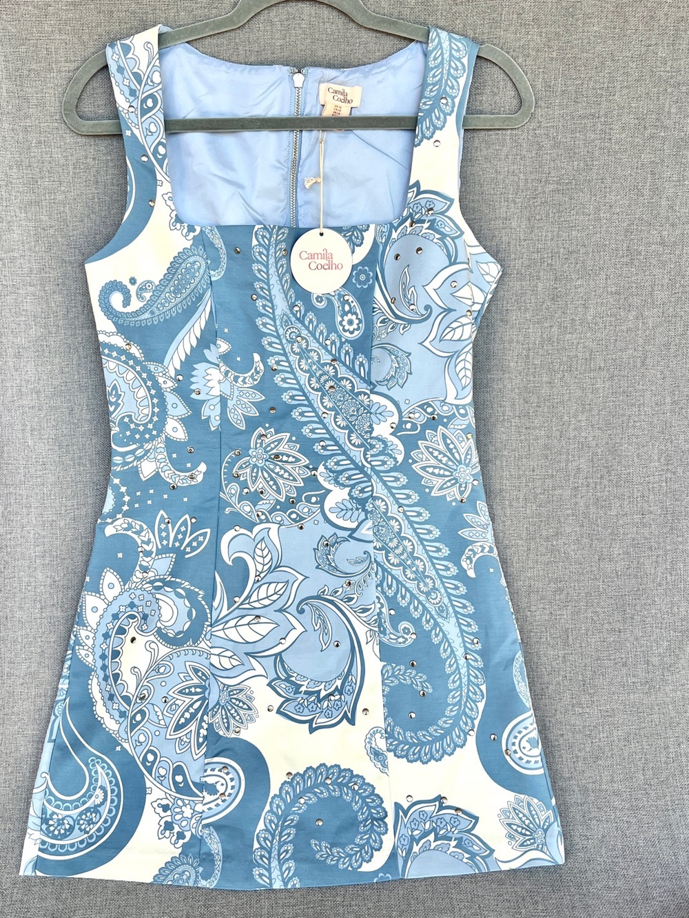 Camila Coelho mini paisley patterned studded dress blue white  cream size 10 NWT